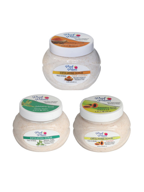 

Pink Plums Set of 3 Haldi Chandan Neem Tulsi Papaya Face & Body Exfoliating Scrubs, Off white