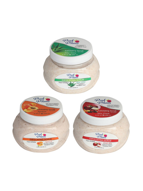

Pink Plums Set of 3 Aloevera Apricot Fruit Mix Face & Body Exfoliating Scrubs, Off white