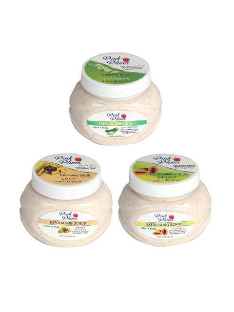 

Pink Plums Set of 3 Cucumber Gold Papaya Face & Body Exfoliating Scrubs, Multi