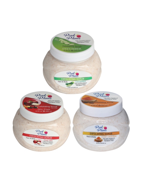 

Pink Plums Set of 3 Cucumber Fruit Mix Haldi Chandan Face & Body Exfoliating Scrubs, Multi