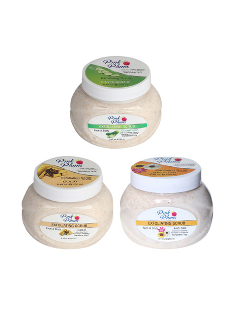 

Pink Plums Set of 3 Cucumber Gold & Anti-Tan Face & Body Exfoliating Scrubs, Multi