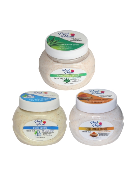 

Pink Plums Set of 3 Aloevera Haldi Chandan Ice Cool Mint Face & Body Exfoliating Scrubs, Multi