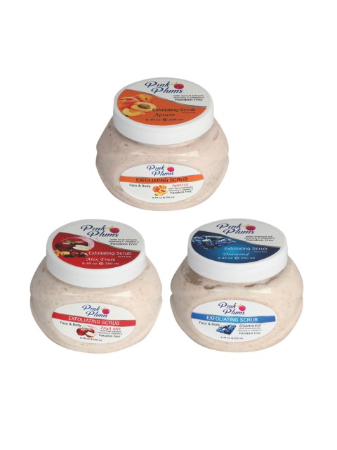 

Pink Plums Set of 3 Apricot Diamond Fruit Mix Face & Body Exfoliating Scrubs, Multi