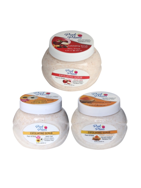 

Pink Plums Set of 3 Fruit Mix Haldi Chandan Anti Tan Face & Body Exfoliating Scrubs, Multi