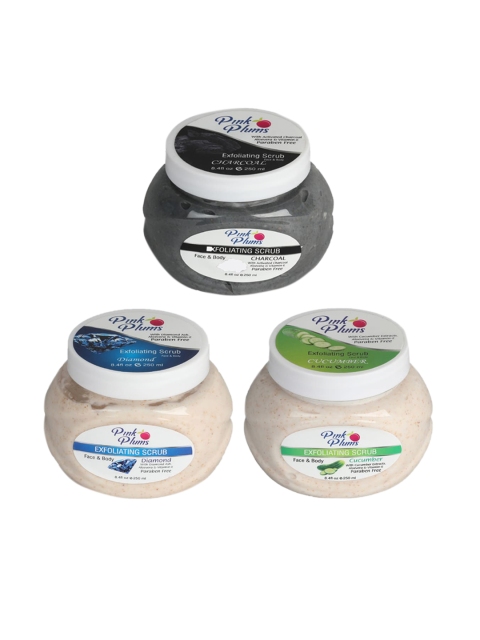 

Pink Plums Set of 3 Charcoal Cucumber Diamond Face & Body Exfoliating Scrubs, Multi
