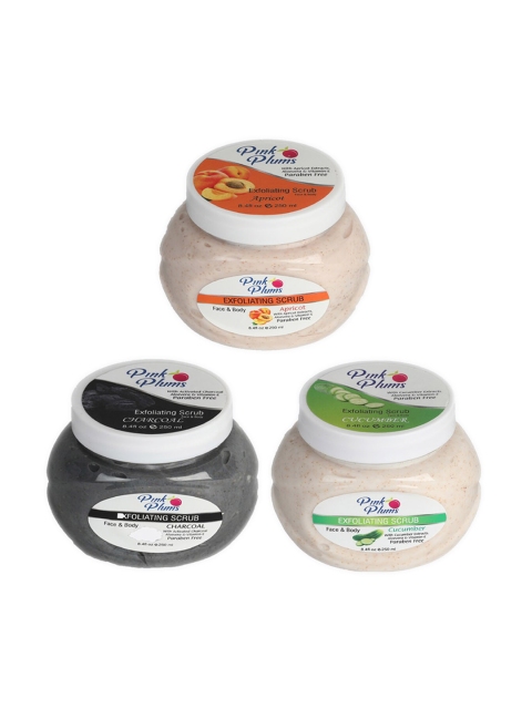 

Pink Plums Set of 3 Apricot Charcoal Cucumber Face & Body Exfoliating Scrubs, Multi