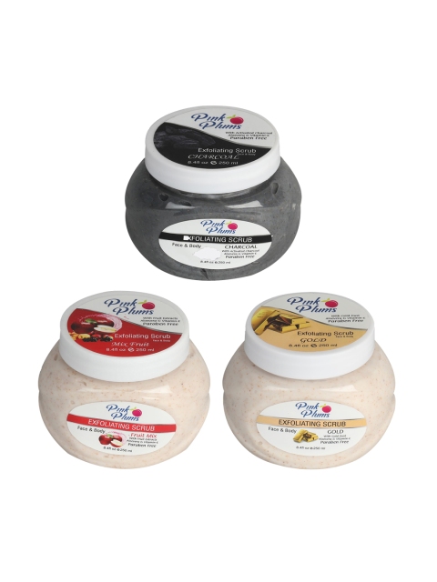 

Pink Plums Set of 3 Charcoal Fruit Mix Gold Face & Body Exfoliating Scrubs, Multi