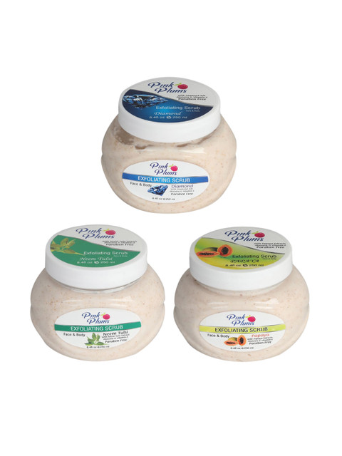 

Pink Plums Set of 3 Diamond Neem Tulsi Papaya Face & Body Exfoliating Scrubs, Multi