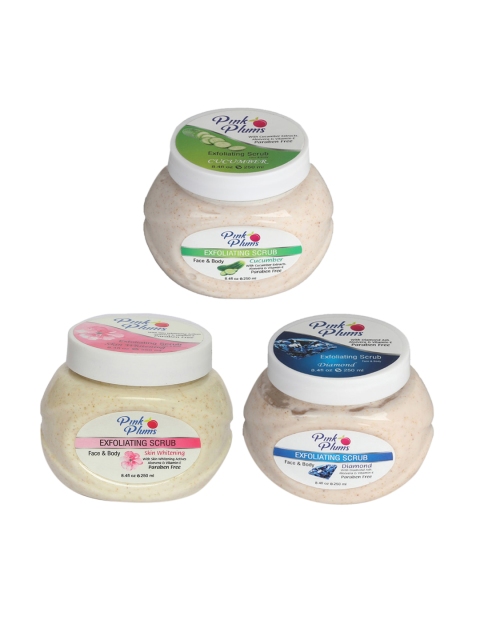 

Pink Plums Set of 3 Cucumber Diamond Skin Whitening Face & Body Exfoliating Scrubs, Multi