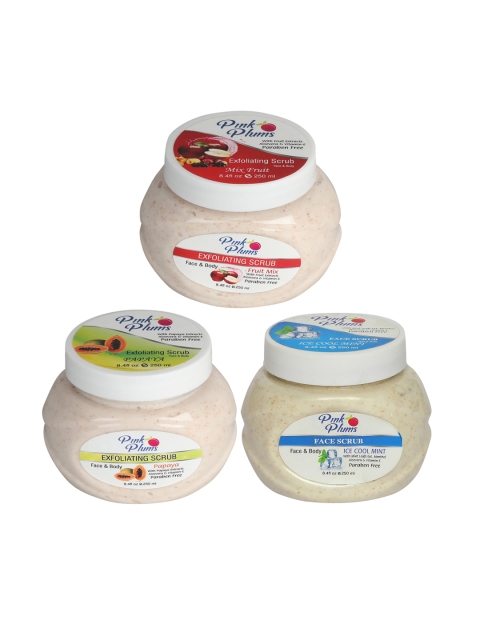 

Pink Plums Set of 3 Fruit Mix Ice Cool Mint Papaya Face & Body Exfoliating Scrubs, Multi