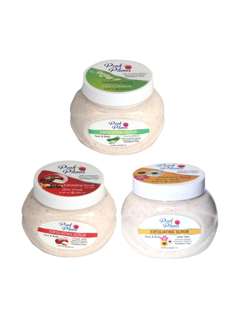 

Pink Plums Set of 3 Cucumber Fruit Mix Anti Tan Face & Body Exfoliating Scrubs, Multi