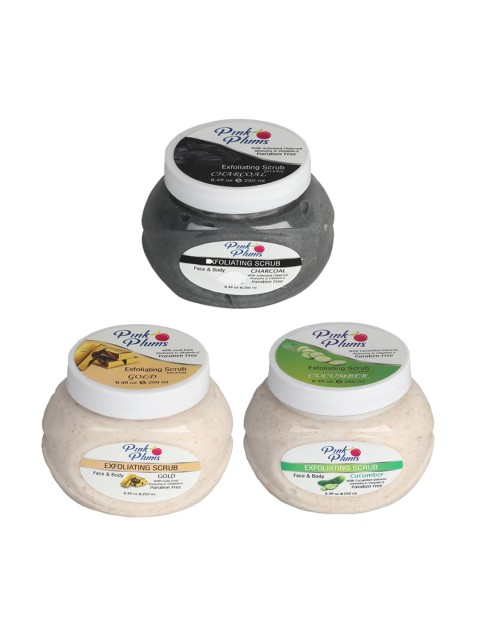 

Pink Plums Set of 3 Charcoal Cucumber Gold Face & Body Exfoliating Scrubs, Multi
