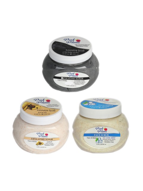 

Pink Plums Set of 3 Charcoal Gold Ice Cool Mint Face & Body Exfoliating Scrubs, Multi