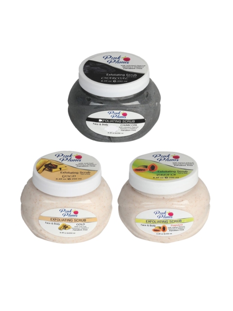 

Pink Plums Set of 3 Charcoal Gold Papaya Face & Body Exfoliating Scrubs, Off white