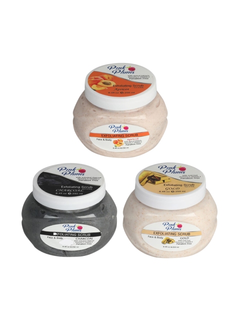 

Pink Plums Set of 3 Apricot Charcoal Gold Face & Body Exfoliating Scrubs, Off white