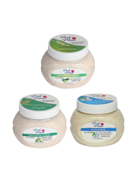 

Pink Plums Set of 3 Cucumber Ice Cool Mint Neem Tulsi Face & Body Exfoliating Scrubs, Off white