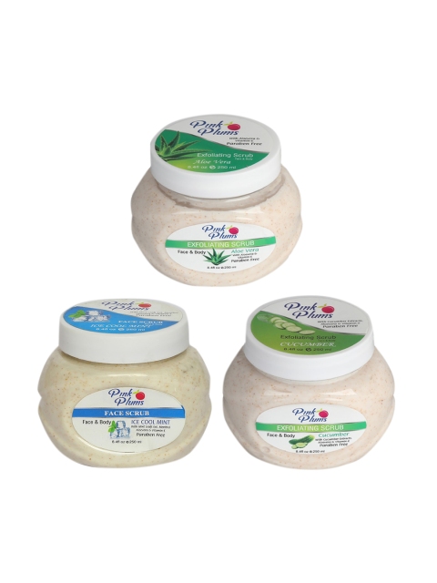 

Pink Plums Set of 3 Aloevera Cucumber Ice Cool Mint Face & Body Exfoliating Scrubs, Off white