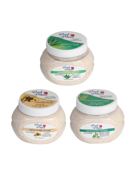 

Pink Plums Set of 3 Aloevera Gold Neem Tulsi Face & Body Exfoliating Scrubs, Off white