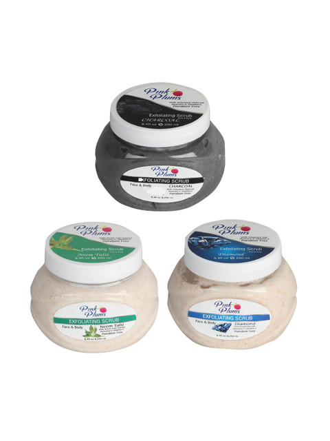 

Pink Plums Set of 3 Charcoal Diamond Neem Tulsi Face & Body Exfoliating Scrubs, Off white