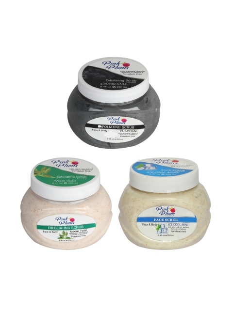 

Pink Plums Set of 3 Charcoal Ice Cool Mint Neem Tulsi Face & Body Exfoliating Scrubs, Off white