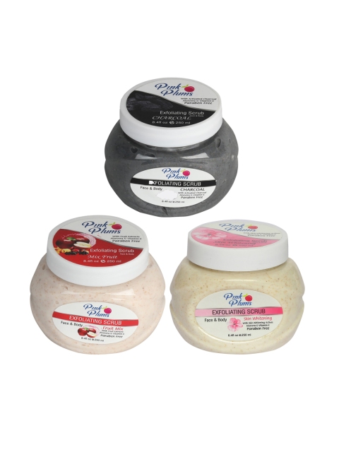 

Pink Plums Set of 3 Charcoal Fruit Mix Skin Whitening Face & Body Exfoliating Scrubs, Off white