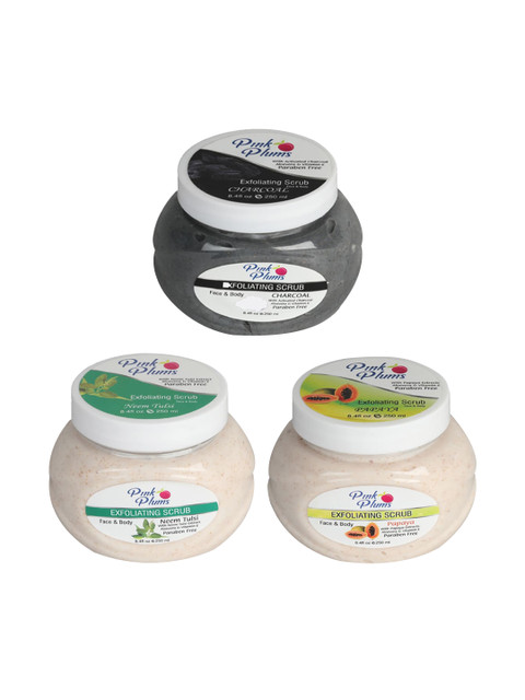 

Pink Plums Set of 3 Charcoal Neem Tulsi Papaya Face & Body Exfoliating Scrubs, Off white