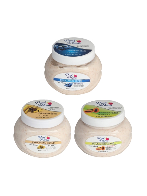 

Pink Plums Set of 3 Diamond Gold Papaya Face & Body Exfoliating Scrubs, Off white