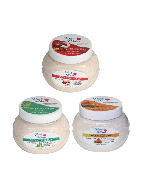 

Pink Plums Fruit Mix - Haldi Chandan - Neem Tulsi Face & Body Exfoliating Scrubs 750 ml, Off white
