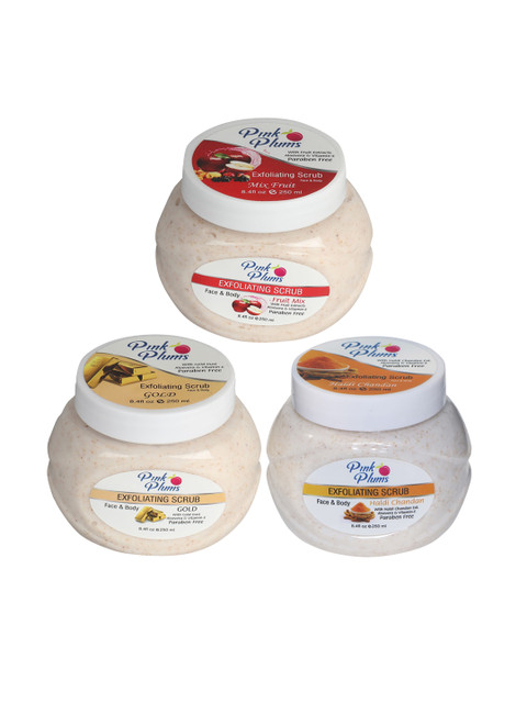 

Pink Plums Set of 3 Fruit Mix Gold & Haldi Chandan Face & Body Exfoliating Scrubs, Multi