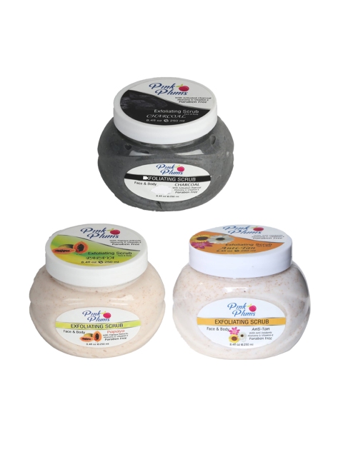 

Pink Plums Set of 3 Charcoal Papaya & Anti-Tan Face & Body Exfoliating Scrubs- 250 ml each, Multi