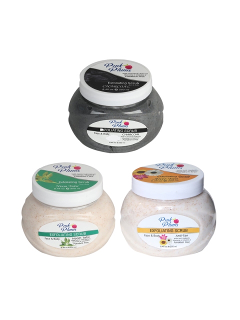 

Pink Plums Set of 3 Charcoal Neem Tulsi Anti-Tan Face & Body Exfoliating Scrub 250ml Each, Multi