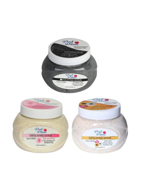 

Pink Plums Set of 3 Charcoal Skin Whitening & Anti-Tan Face & Body Scrubs 250 ml Each, Multi