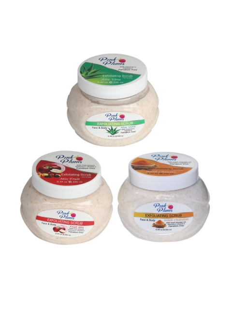 

Pink Plums Set of 3 Aloe Vera Fruit Mix & Haldi Chandan Face & Body Scrubs 250 ml Each, Multi