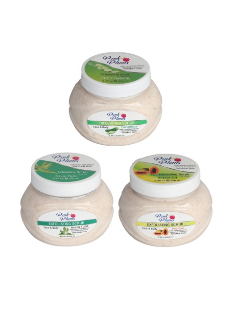 

Pink Plums Set of 3 Cucumber Neem Tulsi Papaya Face & Body Exfoliating Scrubs 250 ml Each, Multi