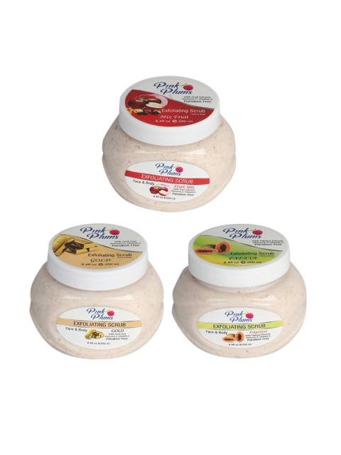 

Pink Plums Set of Gold, Fruit Mix & Papaya Face & Body Exfoliating Scrubs 250 ml Each, Multi