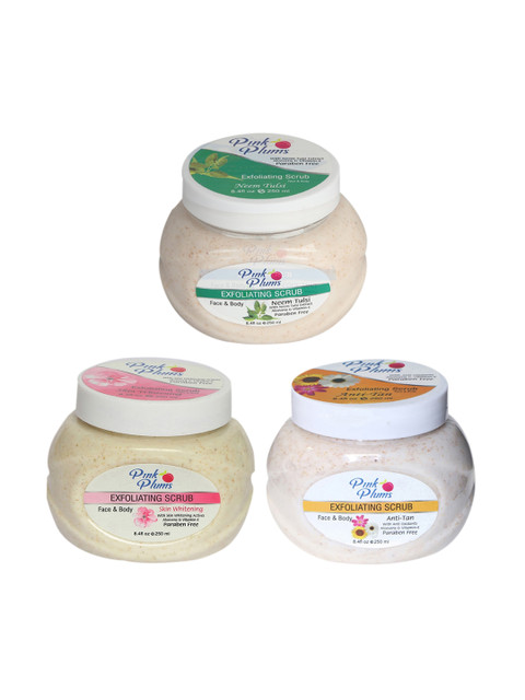 

Pink Plums Set of 3 Neem Tulsi Skin Whitening Anti-Tan Face & Body Scrubs 250 ml Each, Multi