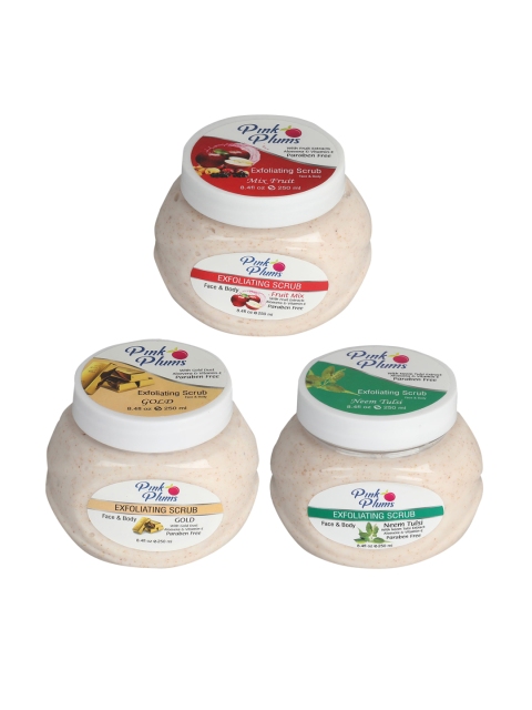 

Pink Plums Set of 3 Fruit Mix Gold Neem Tulsi Face & Body Exfoliating Scrubs 250 ml Each, Multi