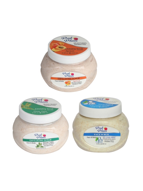 

Pink Plums Set of 3 Apricot Neem Tulsi Ice Cool Face & Body Exfoliating Scrub 250 ml Each, Multi