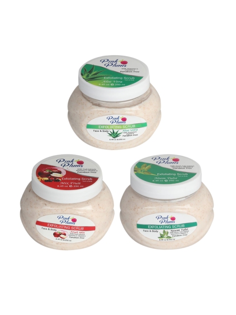 

Pink Plums Set of 3 Aloe Vera, Fruit Mix & Neem Tulsi Face & Body Scrubs 250 ml Each, Multi