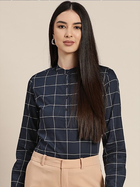 

Hancock Navy Blue & White Checked Mandarin Collar Pure Cotton Shirt Style Formal Top