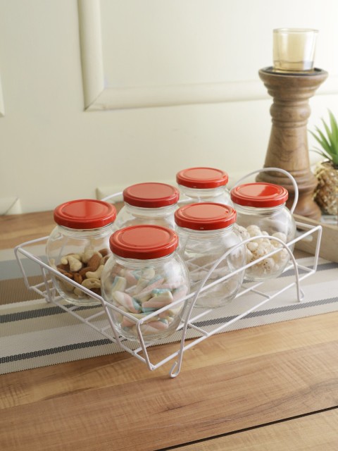 

Storehaus Transparent 6 Pcs Matka Jars With Red Lids & White Stand 355ml Each