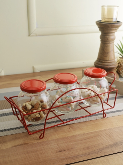 

Storehaus Set of 3 Transparent & Red Matka Jar with Red Stand