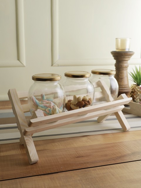 

Storehaus Set Of 3 Transparent Glass Matka Jar With Book Fold Wood Stand