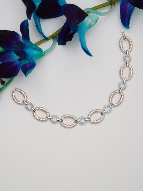 

SANGEETA BOOCHRA Women Silver-Toned & Rose Gold Silver Cubic Zirconia Handcrafted Silver-Plated Link Bracelet