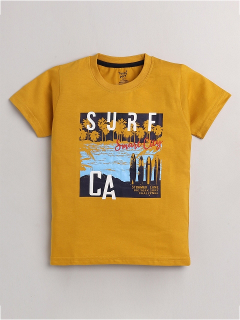 

Toonyport Boys Mustard Yellow & Blue Printed Pure Cotton T-shirt