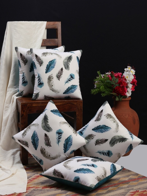 

HOSTA HOMES Turquoise Blue & White Set of 5 Feather Printed Square Cushion Covers