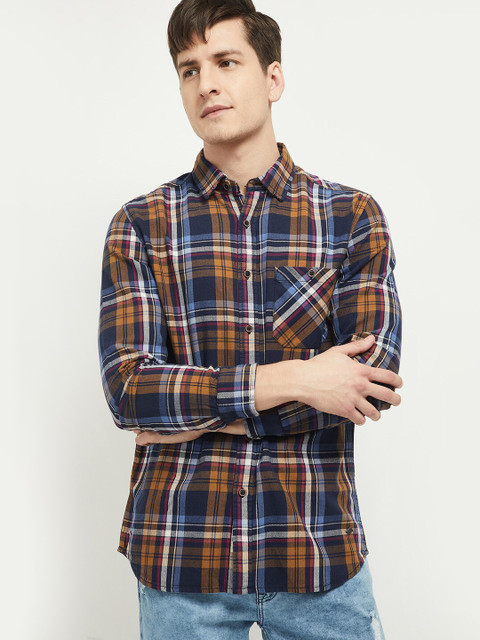 

max Men Navy Blue Tartan Checked Pure Cotton Casual Shirt