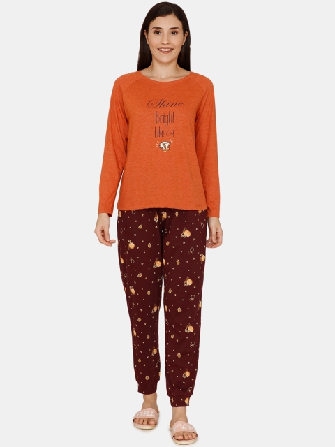 

Zivame Women Cotton Orange & Maroon Printed Night suit