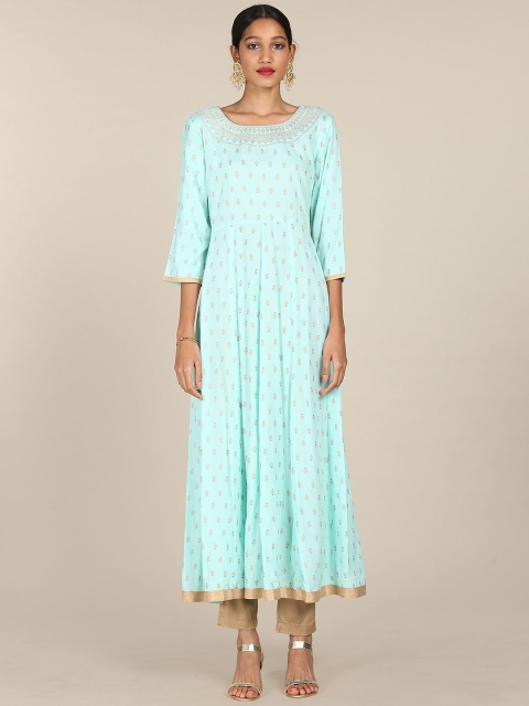

Anahi Women Aqua Blue Ethnic Motifs Foil Printed Boat Neck Zari Anarkali Kurta with Jacket