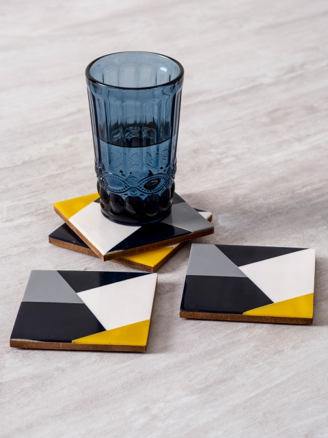 

nestroots Set of 4 Yellow & White Printed Resin Wood Coasters With Holder